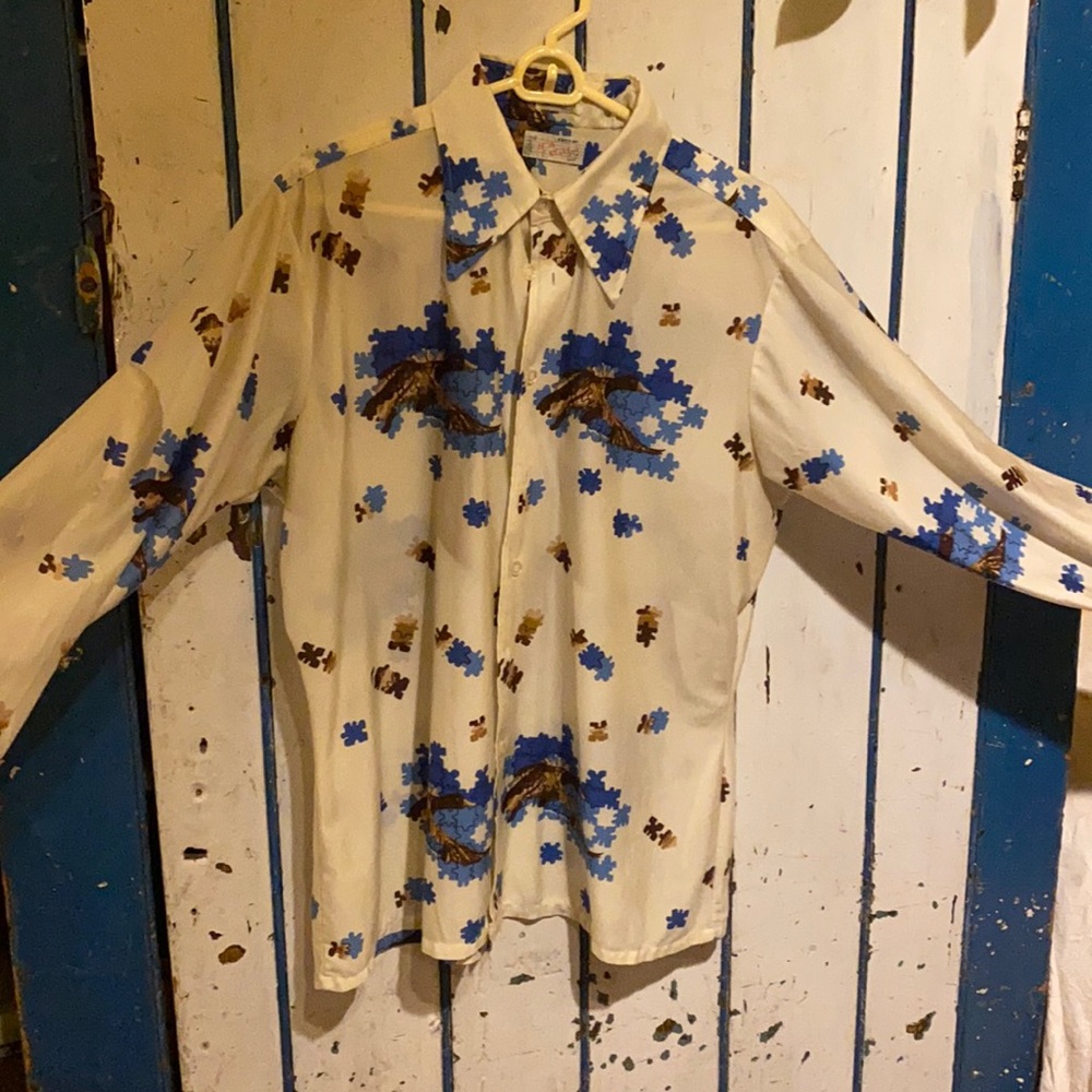Qlana Nylon Vintage 70’s Disco Puzzle Piece Button-Up Size L